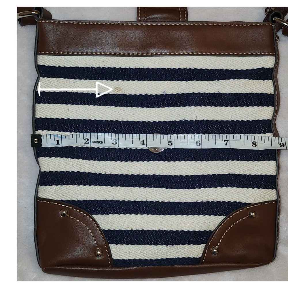 Chaps Crossbody Bag Navy & Cream Stripes W/ Brown Vegan Leather Trim - Picture 15 of 15